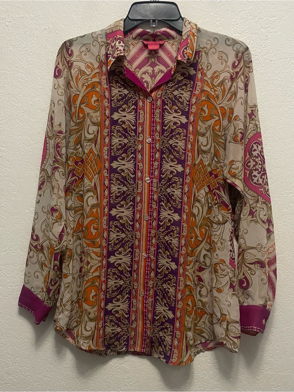 Sunny Leigh Womens Paisley Polyester Blouse Long Sleeve Button Down Size M